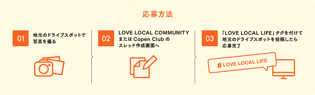 応募方法 01 地元のドライブスポットで写真を撮る 02 LOVE LOCAL COMMUNITYまたはCopen Clubのスレッド作成画面へ 03 「LOVE LOCAL LIFE」タグを付けて地元のドライブスポットを投稿したら応募完了
