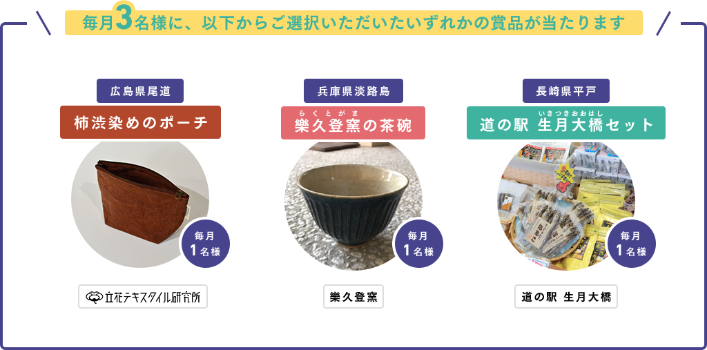 毎月3名様にいずれかの商品が当たります