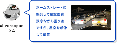 silvercopenさん ホームストレートに整列して星空鑑賞残念ながら曇り空ですが、星空を想像して鑑賞